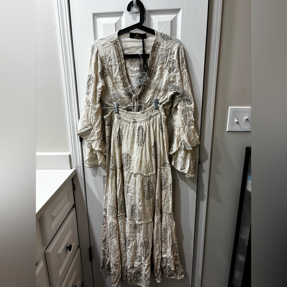 Boho Two piece top and Shirt Set - Cream and Brown Women's Patterned